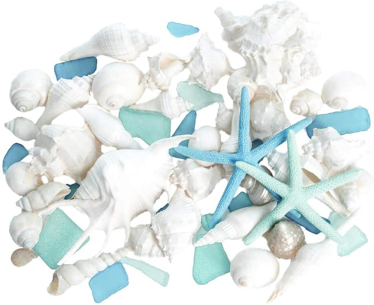 Real Mixed Beach Seashells with Blue & Green Starfish & Aqua and Blue Sea Glass White Decorative Sea Shell Décor & Blue Seaglass Pieces